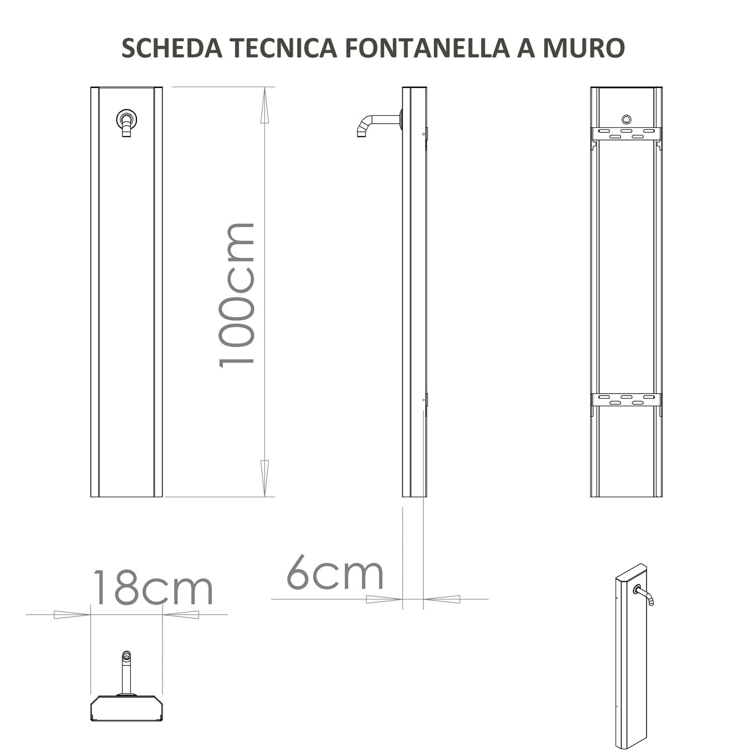 Fontana a Muro da Giardino Antracite, Fontana a Parete da Esterno in Acciaio Verniciato, Rubinetto in Ottone con Tubo Flessibile e Raccordo, Fontanella Made in Italy