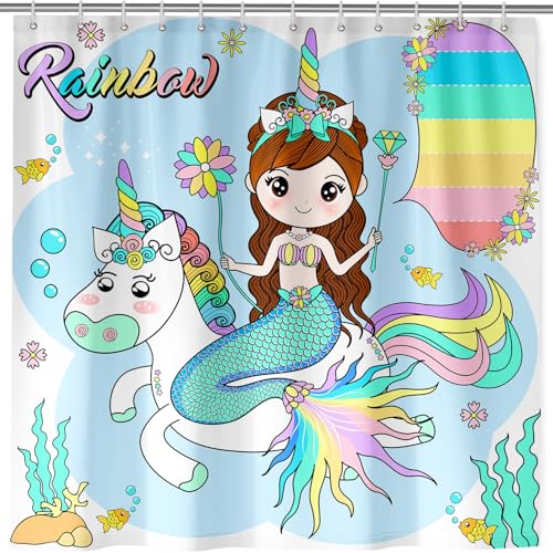 ANHOPE Prinzessin Meerjungfrau Einhorn Duschvorhang Wasserdicht Anti-schimmel Polyester Stoff Duschvorhänge 180 x 200cm Shower Curtains Waschbar Bad Vorhäng für Badzimmer mit 12 Haken