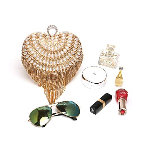 Image of UMREN Women Luxury Heart Shape Tassel Evening Clutch Bag Rhinestones Wedding Party Purse Handbag
