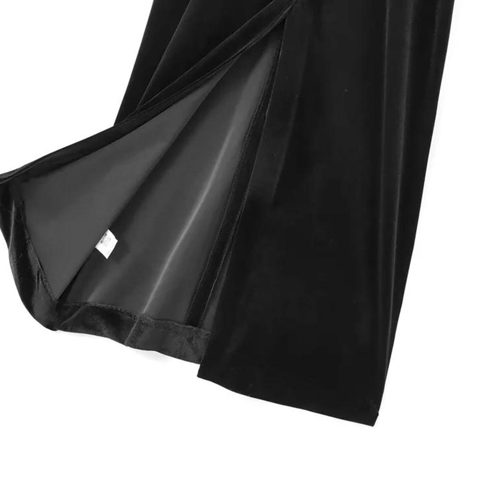 Vestito Donna Abito Midi Velluto Drappeggiato da Donna con Bottoni, Collo A V, Maniche, Abiti Femminili, Moda Chic-Nero-XS