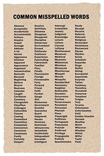 Image of Laminated Commonly Misspelled Words Poster Writing Spelling For Elementary Middle Or High School Classroom Poster Dry Erase Wall Art 24x36