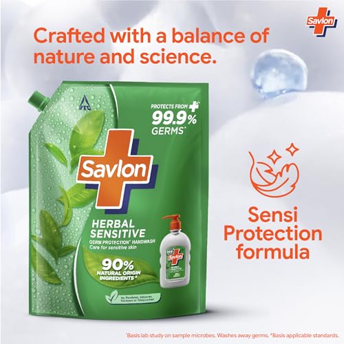 Image of ITC Savlon Herbal Sensitive Germ Protection Liquid Handwash Refill Pack 1.3L | 99.9% Germ Protection | 90% Natural Origin Ingredients | Family Size Refill Hand wash | Value Pack