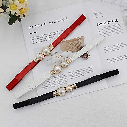 Women Skinny Elastic Waist Belt,Pearl Interlocking Buckle Thin Waistband for Ladies Dress Decorative Belts3