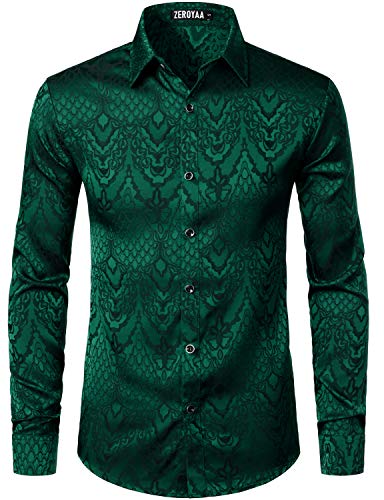 ZEROYAA Men's Hipster Slim Fit Long Sleeve Gothic Jacquard Button Up Dress Shirts for Party Prom ZLCL32-Emerald Large