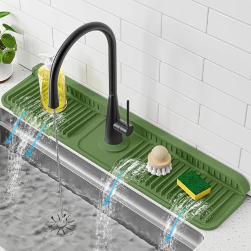 Image of PoYang 24 inch Faucet Mat for Kitchen Sink Splash Guard, 7 Slope Silicone Sink Water Splash Guard for Kitchen Sink Area with Snap, Longer Sink Protectors for kitchen Sink Sponge Holder, Avocado Green