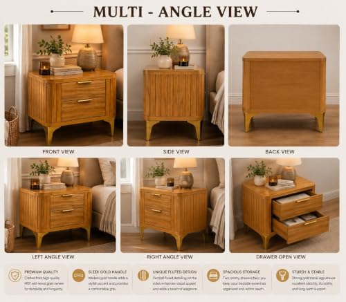 Image of Solid Sheesham Wood Bedside Table for Bedroom & Livingroom | Nightstand End Table with 2 Drawers Storage for Home | Modern & Luxury Design| (Honey Finish 1)