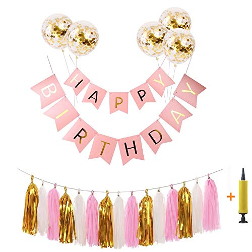 Kungfu Mall Joyeux Anniversaire bannière Ensemble Paillettes confettis Ballons Or Blanc Rose Gland Garniture pour décorations d'anniversaire