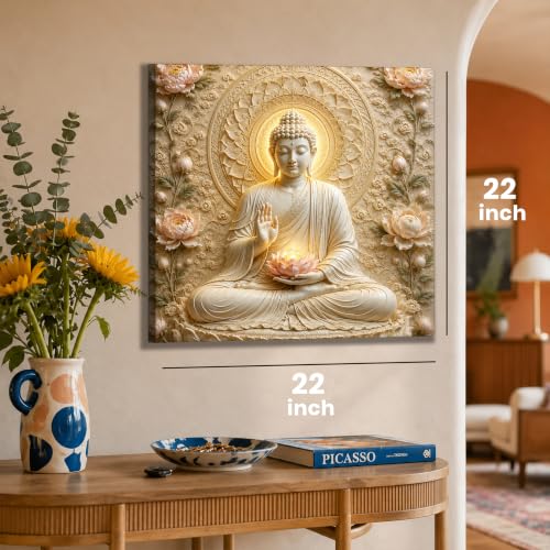 Image of PAINTINGMANTRA Lotus Buddha Painting for Living Room, Buddha wall Decor for living room, Bedroom, office and Meditation Room, Canvas, 22x22 Inch