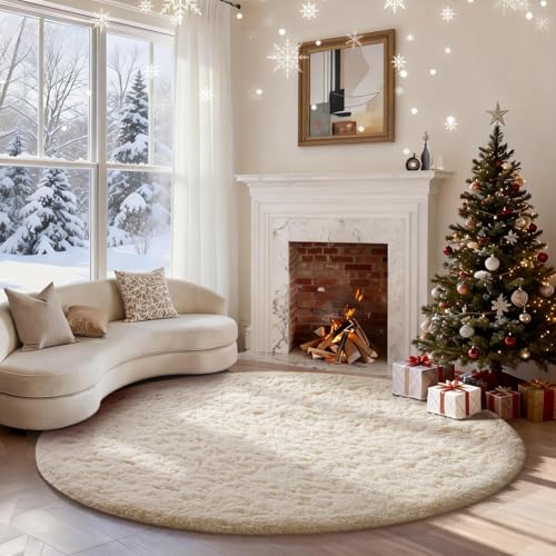 Ophanie Round Rugs 5Ft Ivory Circle Area Rug, Nursery Room Decor, Christmas Aesthetic Bedroom Home Circular Carpet 5 Foot, Fluffy Fuzzy Shag Plush Cream Living Room Rugs for Kids Boys Girls Teen Baby