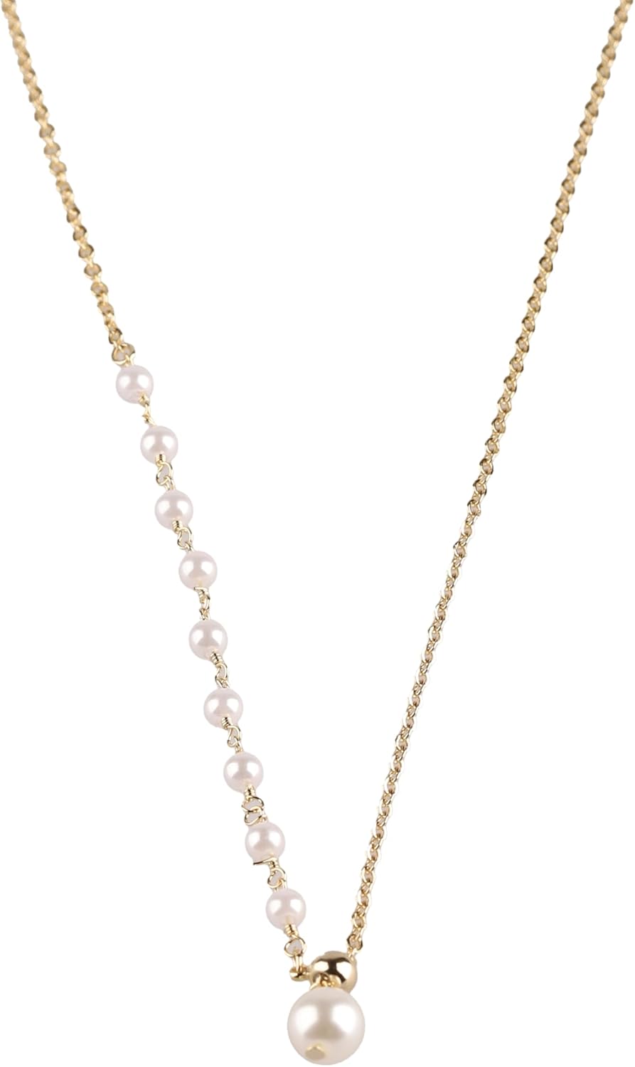 Gold Plated Adjustable Drop Lariat Pearl Necklace for Women, Y-Shaped Chain with Side Station Pearls and Sliding Silicone Bead, Dainty Drop Pearl Pendant - Image 2