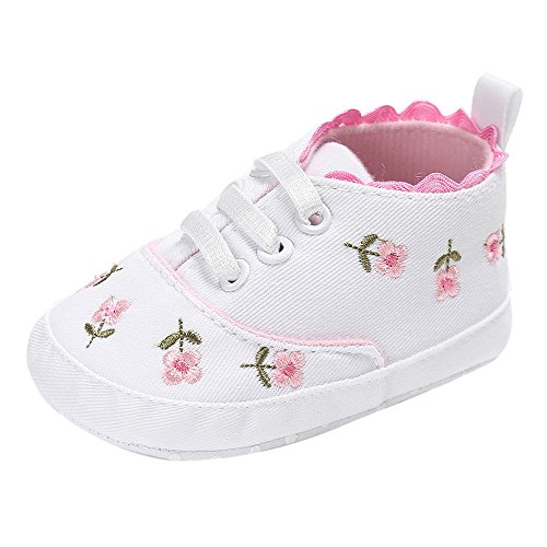 Newborn Infant Toddler Baby Girl Shoes Canvas Sneakers for 0-18 Months Cuekondy Cute Floral Soft Sole Casual Crib Shoes (White, Age:12~18 Month)