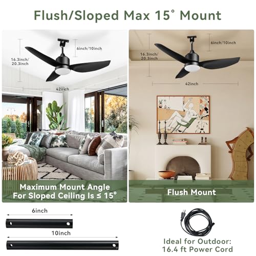 Image of Aoxun 42'' Outdoor Ceiling Fan with Light, IP65 Waterproof Hanging Fan with Remote Control and Smart App, 3CCT 6-Speed Settings for Balcony, Porch, and Gazebo (Black)