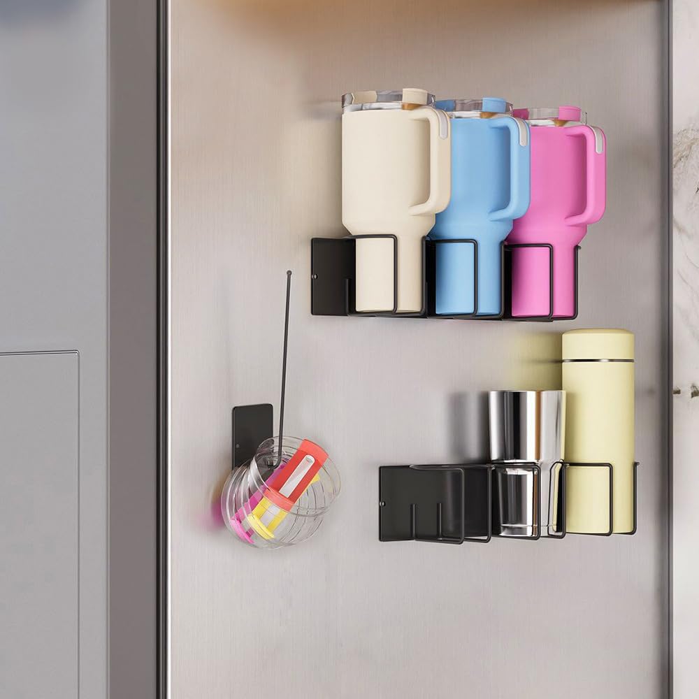 Picowe 3 PCS Magnetic Stanley Cup Holder for Fridge, Metal Water Bottle Organizer with 2 Cup Holders & 1 Lid Organizer for Stanley 40 oz Tumblers (Black) - Image 3