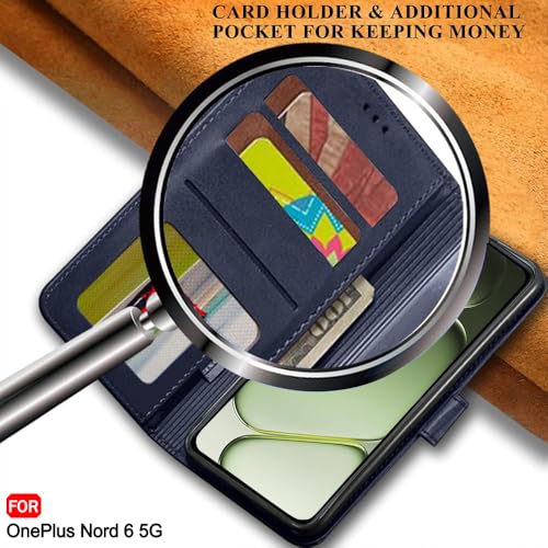 Image of TheGiftKart Genuine Leather Finish Flip Back Cover Case for OnePlus Nord 6 5G / CE 6 5G | Inbuilt Pockets & Stand | Wallet Style | Designer Button Magnet Flip Back Cover Case (Faux Leather, Blue)