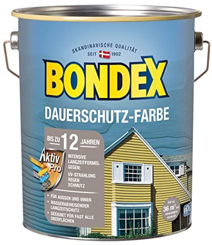 Bondex Dauerschutz Farbe Schneeweiß 4 L für 36 m² | Hervorragende Farbstabilität | Wetter- und UV-Schutz - bis zu 12 Jahre | Seidenglänzend | Dauerschutzfarbe | Holzfarbe