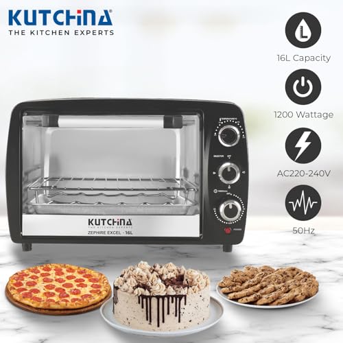 Image of KUTCHINA Zephire Excel 16 Liter Otg Oven For Kitchen, 1200W | Oven Toaster Griller With Auto-Shut Off, Timer Control | Otg 16 Litres For Baking, Grilling, Toasting | 1 Year Warranty, Black