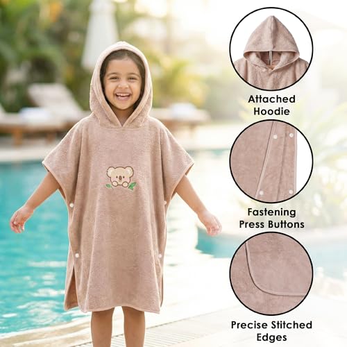 Image of Story@Home Poncho Towel for Kids with Hood | Quick Dry Kids Towel | Soft Lightweight Baby Wrap for Beach 300 GSM 120 X 60CM Pool Towel for Boys & Girls |Kids Towels for Bath- Light Brown -Teddy Bear
