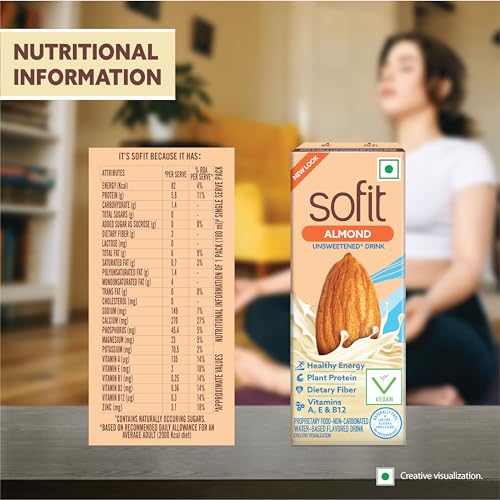 Image of Sofit Almond Drink Unsweetened, 180ml - Pack of 4 (2 x 180ml)| Vegan Drink |Enriched with Plant Protein, Dietary fibers, Vitamins and Calcium | Lactose Free | Gluten Free | Preservatives Free