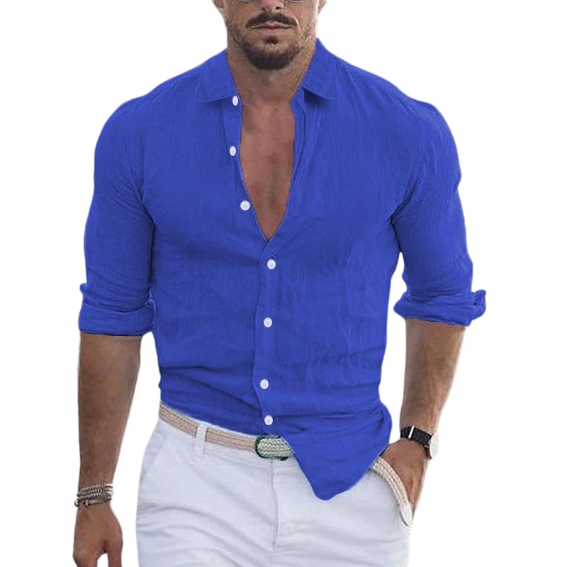 Summer Button Down Shirt for Men Casual Lapel Fashion Solid Long Sleeve Soft Cotton Beach Shirts