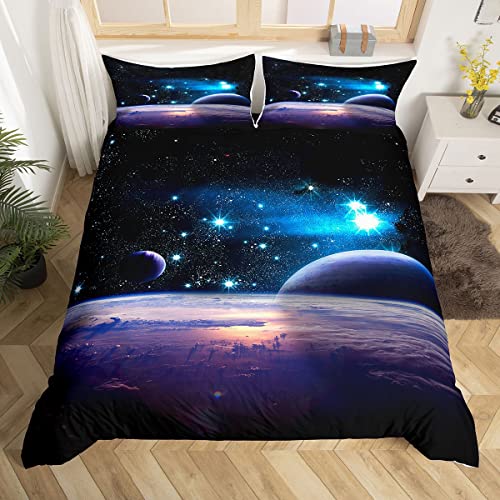Homemissing Espace Parure de Fille garçon Planète Imprimer Housse de Couette 200x200cm Étoile Galaxie Sets de Housse de Couette Enfant Super Doux Microfibre Literie...