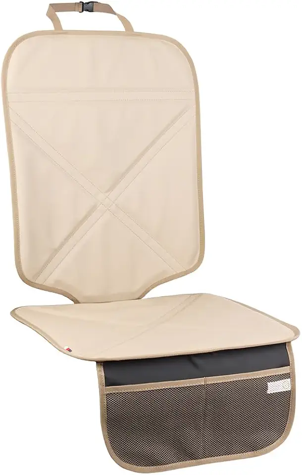 Car Seat Protector Leather Waterproof Child Safety Seat Protector Cover with Thick Pad and 2 Large Pockets Durable Kick Mat for All Auto Seat (Beige)