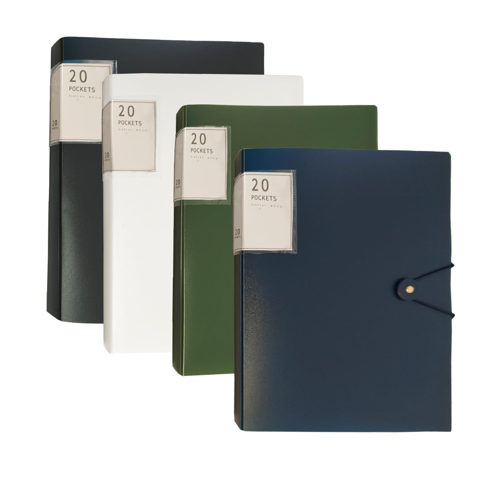 4 Pcs A4 Display Folders,20 Pockets Display Book Folders, Display Book Folders with Buckle A4 Presentation Folder Organized Document Storage for School and Office(Black/Deep Blue/White/Dark Green)