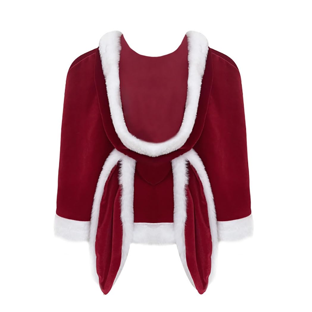 RUIXIA Velvet Christmas Cloak for Women Ganta Elf Fairy Cosplay Costume Cape with Rabbit Ears Hood Xmas Short Red Shawl Witch Wizard Festival Role Play Party Cloak Winter Outfit Outwear
