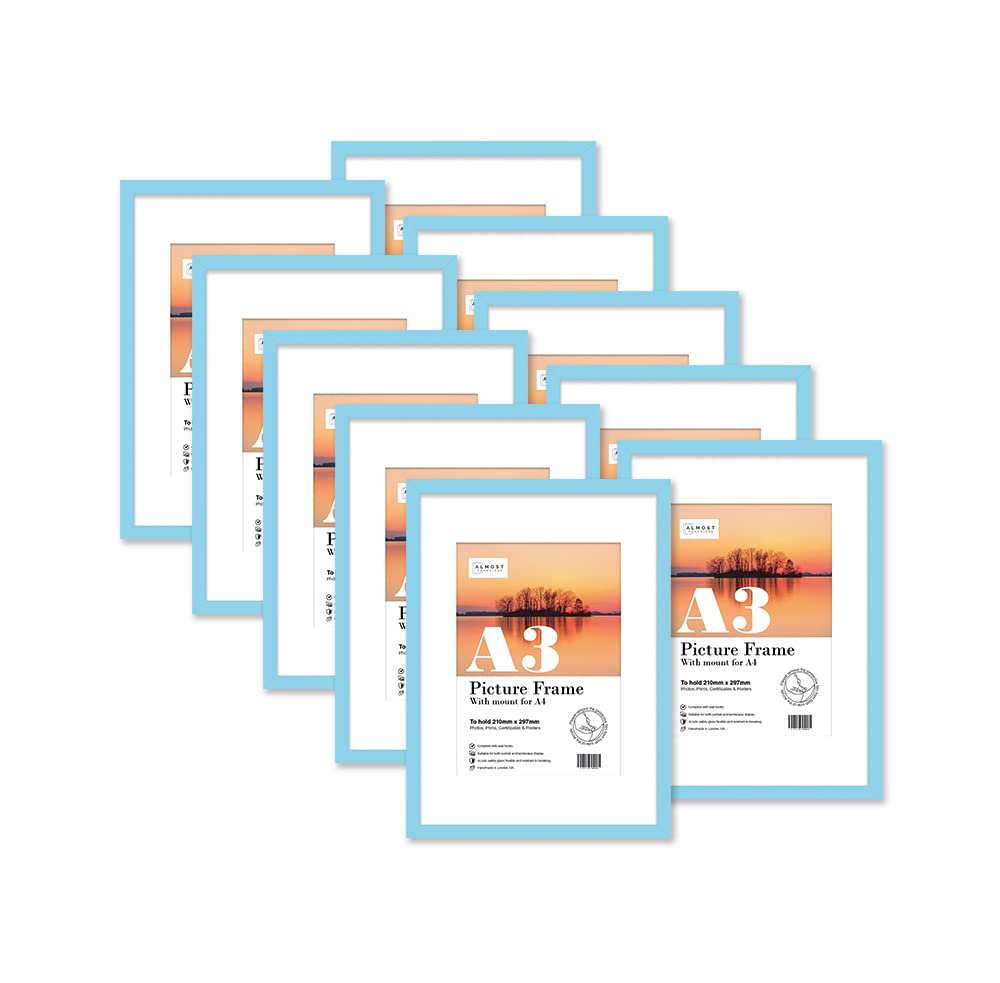 Almost Frameless A3 Light Blue Picture Frame Set of 10, Display A4 Pictures with Mount or A5 Without Mount Gallery Wall, Poster, Photo, Artwork, or Print, Light Blue