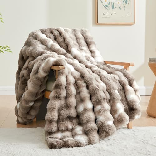 Image of BEDELITE Faux Fur Throw Bubble Blanket for Couch, 50 inch x 60 inch, Tie-Dye Taupe | 870GSM Soft Cozy Plush Blanket for Sofa & Bed Living Room Decor, Warm Fuzzy Faux Rabbit Fur for Women Gift, All Season Use