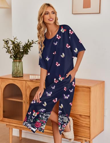 Image of Ekouaer Women's Nightgown Short Sleeve Sleepshirt Long Loungewear Casual Maxi Lounge Dress House Dresses with Pockets