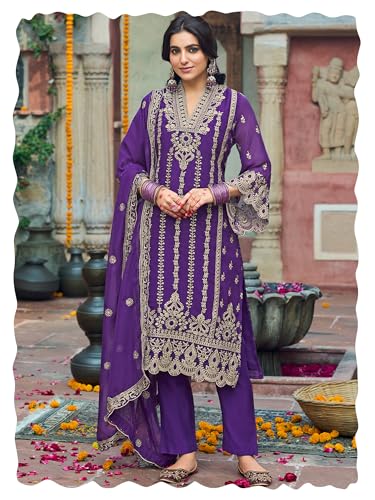 Image of INDO ERA Women's Organza Embroidered Straight Kurta and Pant with Dupatta Set (IEOUT10610)