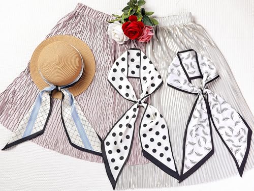 Women Fashion Printed Skinny Long Scarves, Satin Silky Black White Neckerchief Ribbon Headband 6