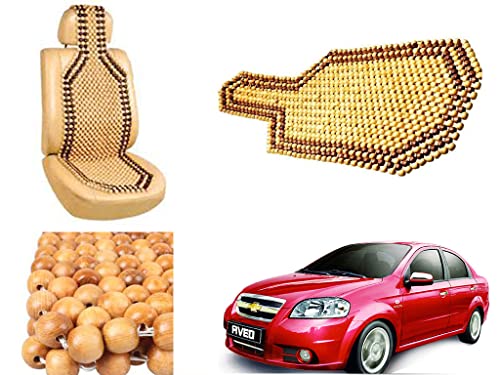 Image of Car Bead Seat Wooden Beads Cushion Cover Pad for Chevrolet Aveo, Acupressure Sitting Seat Cover | Cream Color - Pack of 1