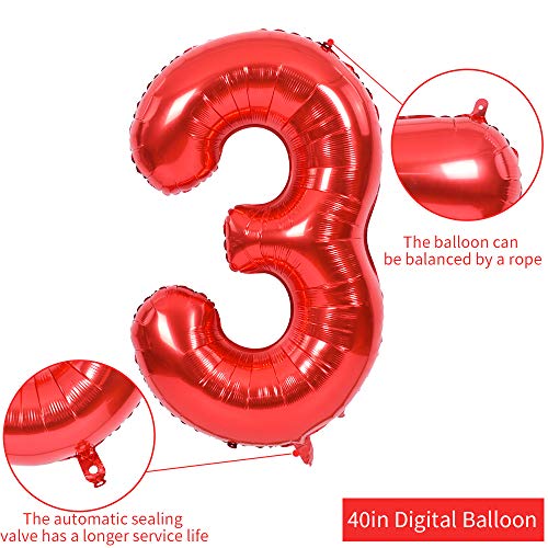 Image of TONIFUL 40 Inch Red Number 3 Balloons Large Foil 3rd Birthday Decorations