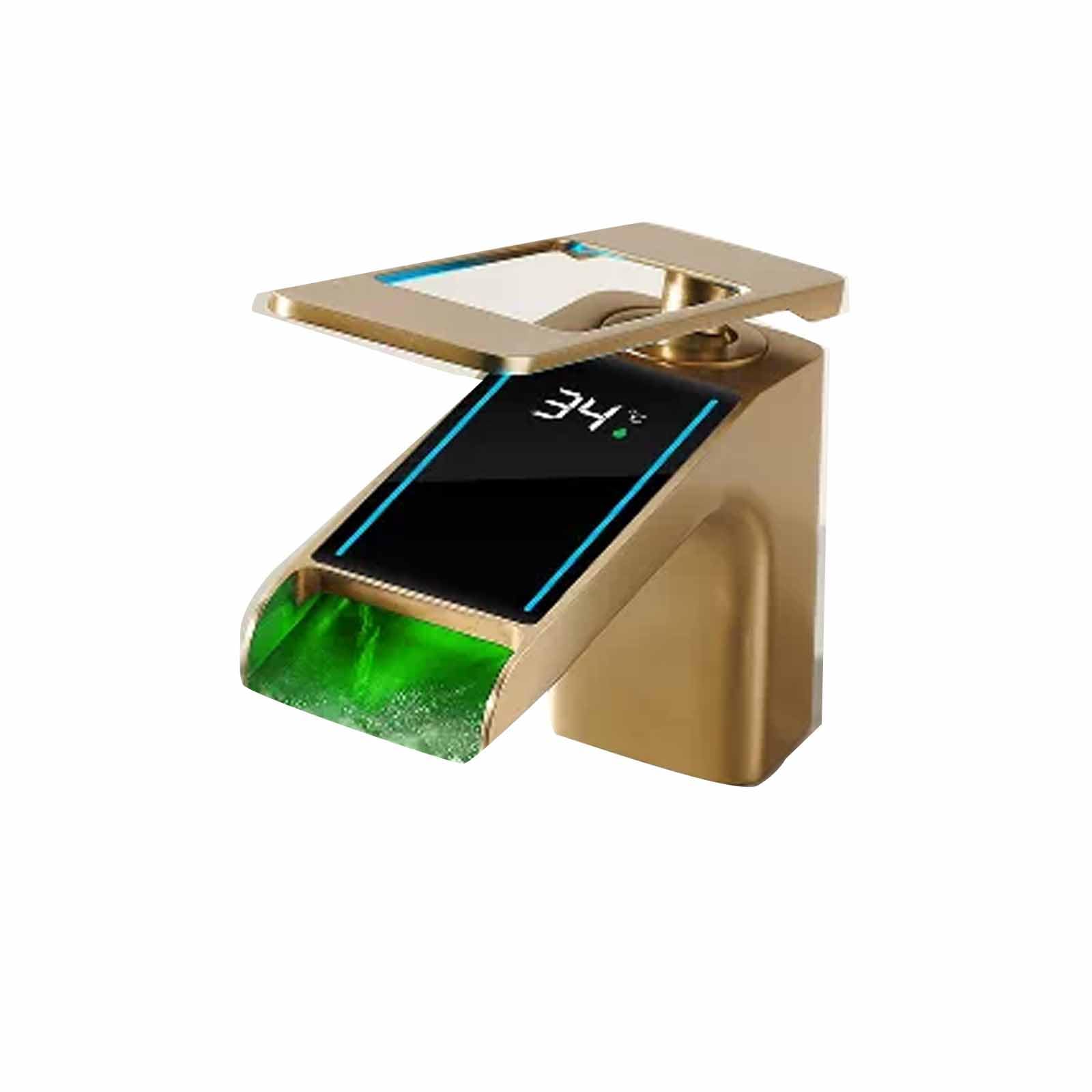 JRUIA Waterfall Kitchen Faucet, Brass Basin Mixer Tap, Hot And Cold Water Available, Bathroom Mixer Tap, with Digital Display,Gold