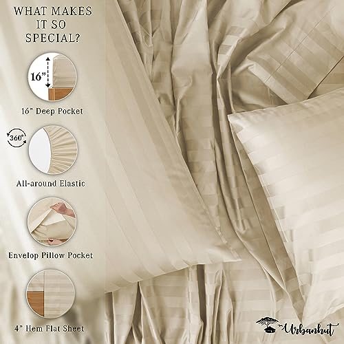 URBANHUT 800 Thread Count Egyptian Cotton Damask Striped King Size Sheets Set (4 Pc) - Ultra Soft & Smooth, Sateen Weave King Size Sheets, Luxury Hotel Sheets with 16" Deep Pocket - Ivory