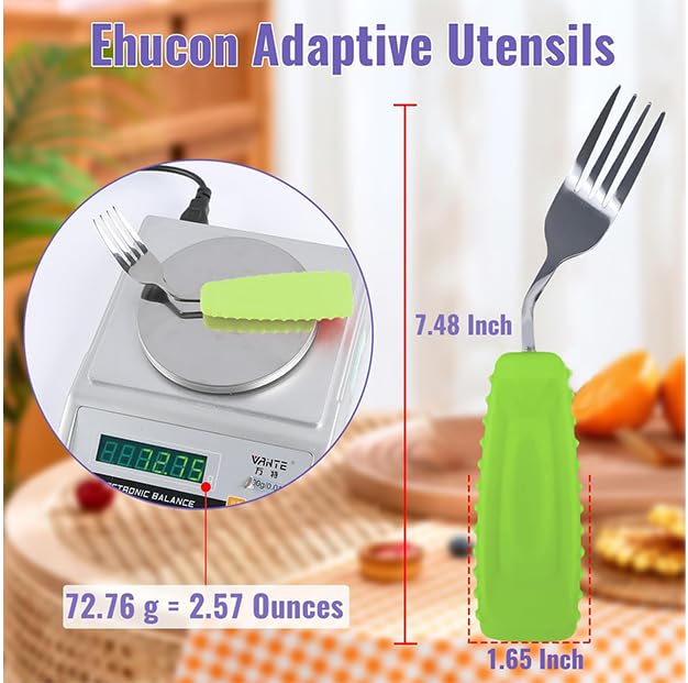 Image of Adaptive Utensils Angled Spoon and Fork for Hand Tremors Parkinsons,Weighted Utensils with Non-Slip Easy Grip Handles for Independent Eating (1pcs Spoon+1pcs Fork=2 pcs,Green,Left Hand)