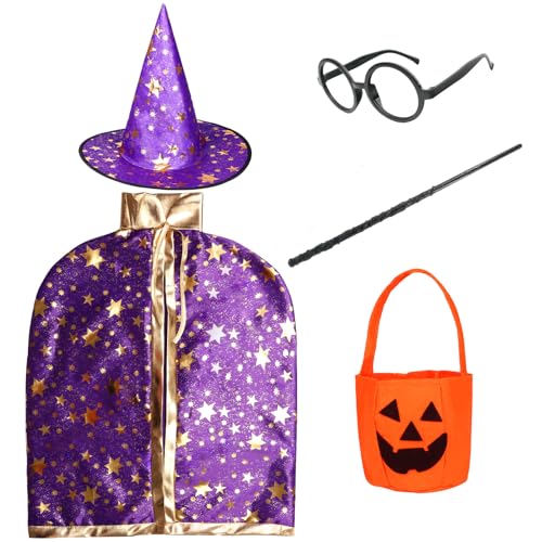 HarnyLoom Mago Niños Niña Disfraz Capa Halloween, Bruja Capa Sombrero Calabaza Bolsa Niños Disfraces Juego de rol Accesorios Accesorios Set Cosplay Fiesta (Morada)