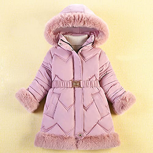 Kids Girls Hooded Puffer Long Sleeve 𝗙𝘂r 𝗛em Zipper Parka Jacket Winter Windproof Belted Coat with Pocket2