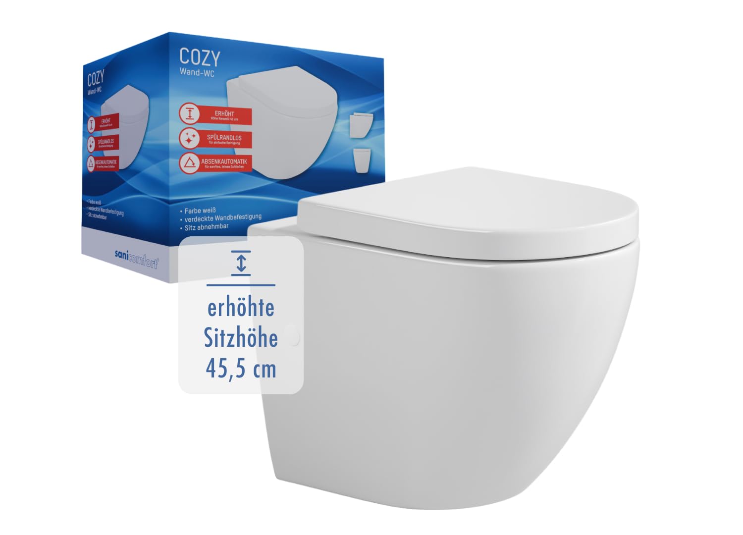 sanicomfort Cozy Wand-WC erhöht – spülrandloses Hänge-WC mit 45,5 cm Sitzhöhe & Absenkautomatik, weiß