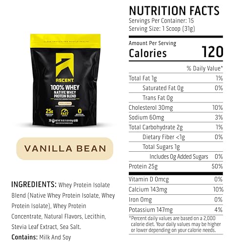 Image of Ascent 100% Whey Protein Powder - Post Workout Whey Protein Isolate, Zero Artificial Flavors & Sweeteners, Gluten Free, 5.5g BCAA, 2.6g Leucine, Essential Amino Acids, Vanilla 1 lb