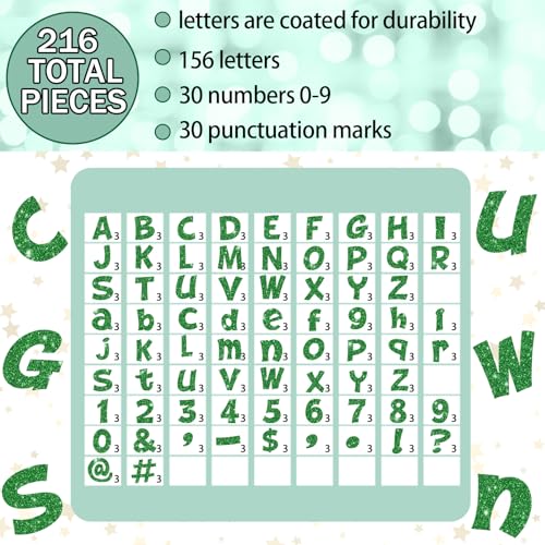 Image of Colarr 216 Pcs Glitter Bulletin Board Letters for Classroom Number Alphabet Punctuation Symbol Cutout 4'' Die-Cut Poster Letter with Adhesive Dot School Graduation Party Summer Decor Display(Green)