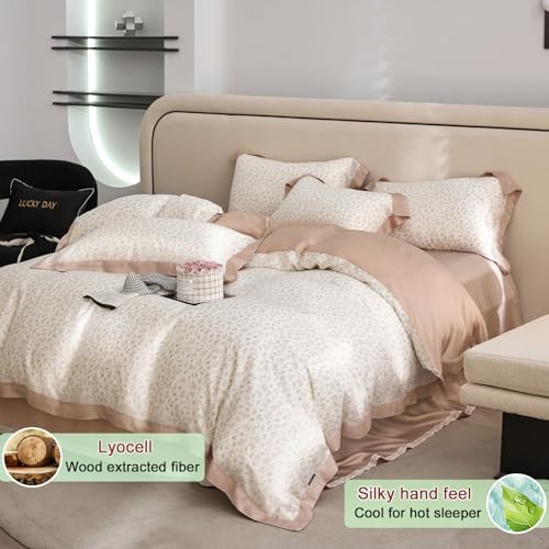 VM VOUGEMARKET Blush Pink Duvet Cover Twin Cooling Lyocell Teen Girls Flower Leaves Duvet Cover with Zipper Closure Romantic Ruffle Bedding Sets,Twin 68x86 Inch