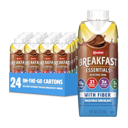 Carnation Breakfast Essentials Ready to Drink with Fiber, Rich Milk Chocolate, 8 FL OZ Carton (Pack of 24)