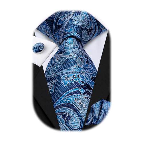 Image of Hi-Tie Men 63inches Tie Set Extra Long Necktie Paisley Tie Pocket Suqare Cufflinks Big and Tall Men Tie