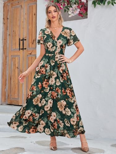 Image of Simplee Women's Boho Floral Maxi Dress Flowy Casual V Neck Short Sleeve Wedding Guest Holiday Beach Long Dress