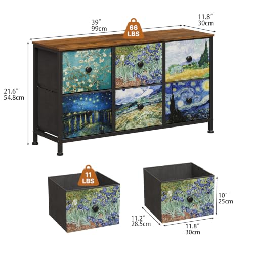 Image of EXOTICA 6 Drawer Dresser for Bedroom Van Gogh Chest of Drawers Wide TV Stands Fabric Storage Drawer Unit for Living Room Entryway Closet Sturdy Steel Frame Wood Top