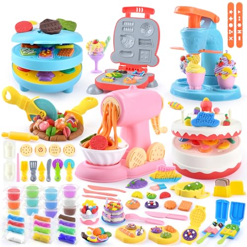 5-in-1 Color Dough Sets for Kids Ages 3+ DIY Food Maker Toys Set with 24 Dough Arts and Crafts Kit for Pretend Play Ice Cream/Cake/Noodle/Hamburger/Pizza/Baking Set Toys Machines