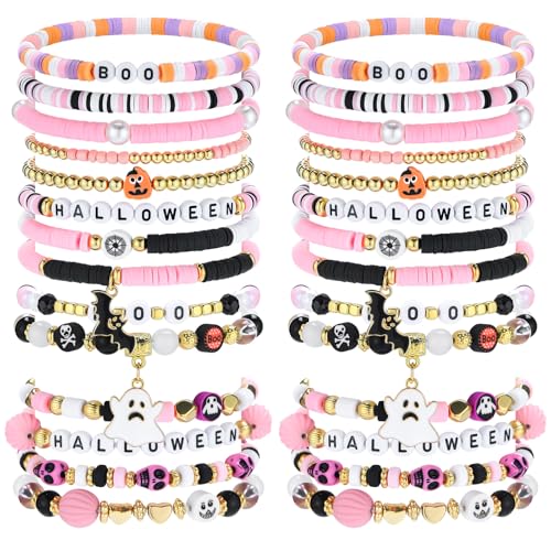56 Pcs Halloween Bracelets for Women Pink Stackable Beaded Friendship Bracelets Set Tretch Clay Heishi Boo Pumpkin Skull Ghosts Bat Halloween Jewelry Bulk Party Favors Accessories Gifts