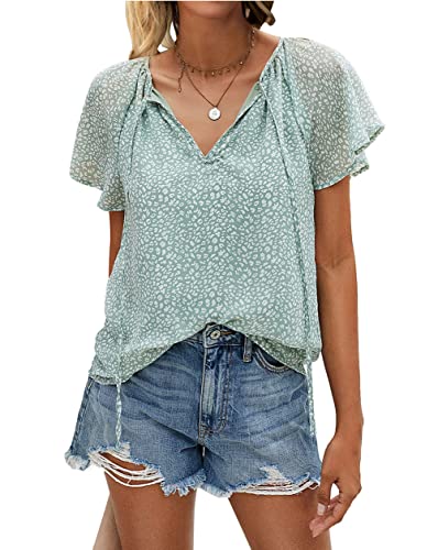 Biohanble Womens Summer Cute Floral Ruffle Short Sleeve V Neck Casual Boho Loose Ladies Tops Shirts Blouses #TOP1